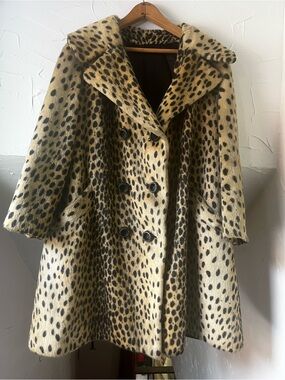 Leopard Print Faux Fur Double-Breasted Pea Coat - Black/Tan